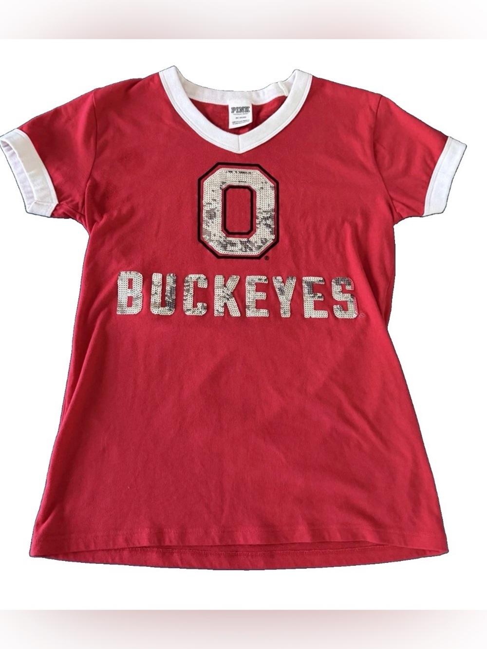 PINK Victoria's Secret Red Sequin 'Buckeyes' V‑Neck Tee with White Trim